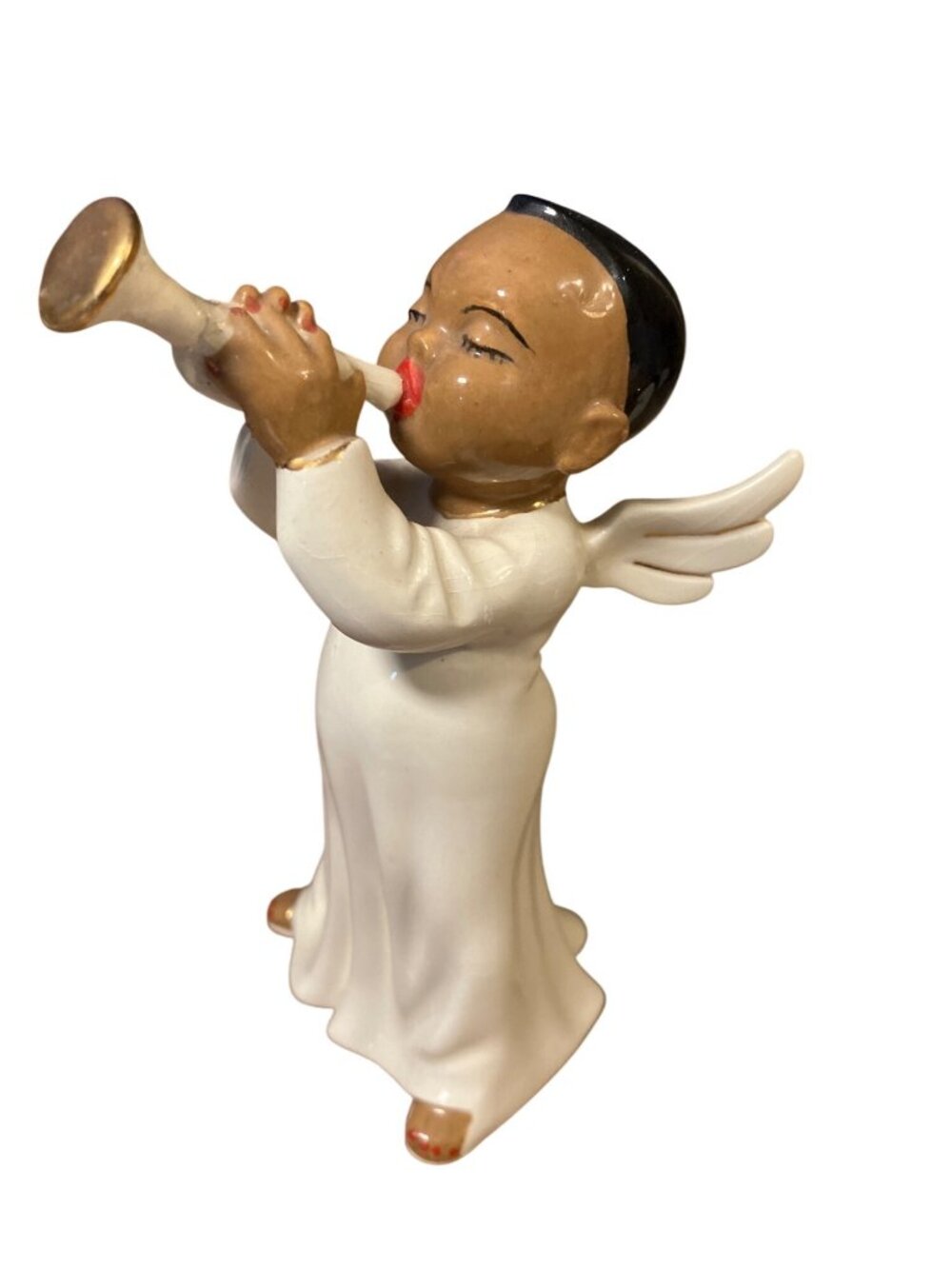Ceramic Angel Figurine Holding Trumpet Hand Painted Holland Mold